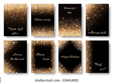Set glitter background with glowing lights. Golden sparks on a black backdrop. Kit for decorating festive greeting cards.

