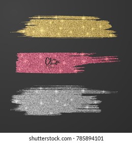Set of glitter brushes, pink, gold and silver several colors on dark background, shiny, luxury effect for your design. Vector eps 10