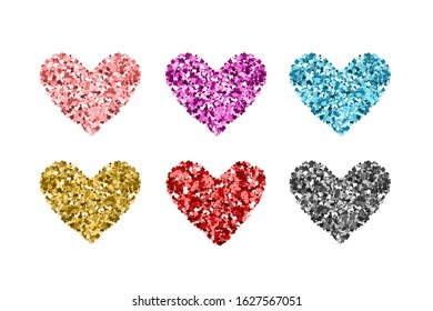 Set glitter color hearts. Gold, blue, red, silver, pink sequins icons on white background. Icons for Valentine's day, wedding cards, invitation, fashion, ornaments, luxury design. Vector illustration