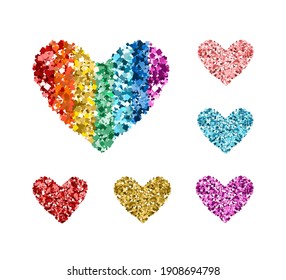 Set of glitter color hearts. Rainbow, gold, blue, red, pink sequins icons on white background. For Valentine day, children, wedding invitations, branding, logo, label, LGBT symbol. Vector illustration