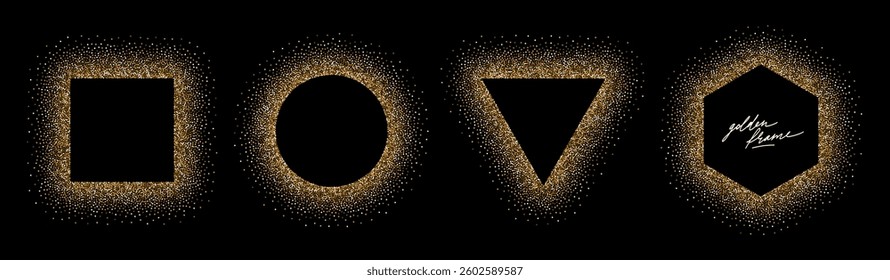 Set of glitter gold geometric shape frames. Design element for greeting card, invitation, poster, flyer and etc. Vector illustration.