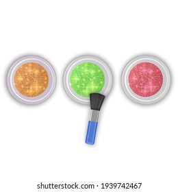 Set of Glitter jars of golden, red and green colors with realistic brush for makeup, Vector eps 10 illustration