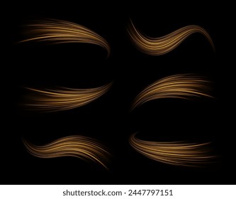 Set of glitter lines or trails magic glitter particles sparkles on transparent background. Abstract light speed motion effect.