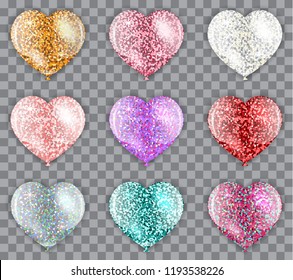 Set of glitter multicolored colorful realistic balloons with shadows in heart form. Shining helium Balloons. Isolated Vector Objects. Glossy and Shiny Air Baloons.Glitter Air Balls.