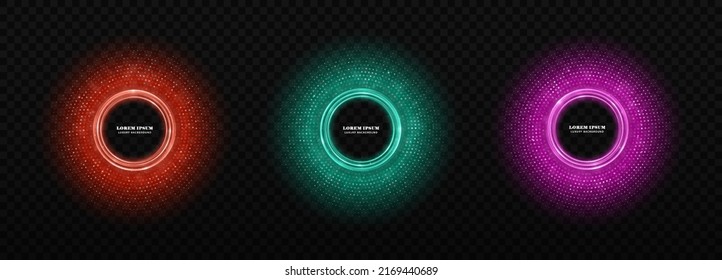 Set of glitter patterns in circles form. Circle halftone dots. Holiday banner design.