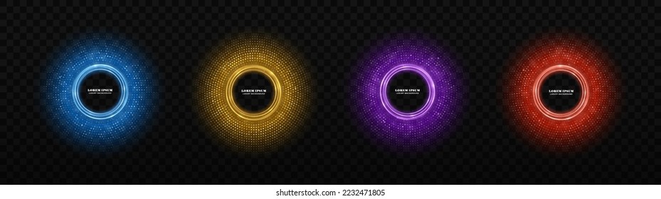 Set of glitter patterns in circles form. Circle halftone dots.