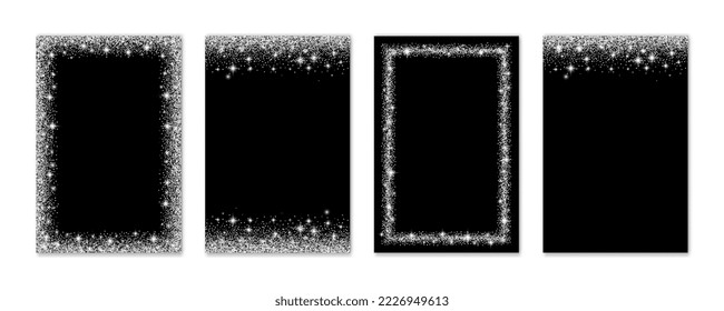 Set of glitter silver frames with sparkles. Templates for Christmas designs. 