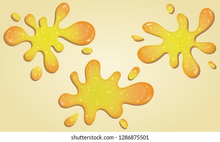 Set of glitter slime dripping on light background. Glossy texture with girly yellow color. Vector illustration.