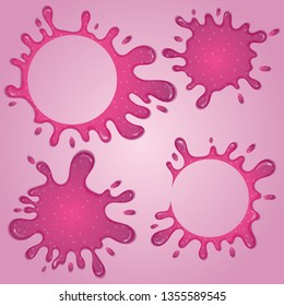Set of glitter slime dripping on light background. Glossy texture with girly pink color. Vector illustration.
