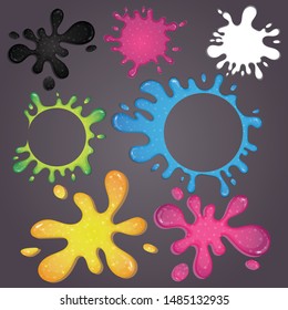Set of glitter slime dripping on light background. Glossy multicolor texture. Vector illustration.