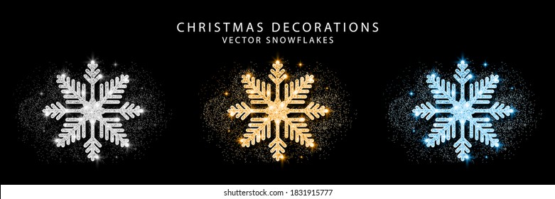 Set Of Glitter Snowflake. Golden, Silver And Blue Glittering Christmas Decoration. Bright Glitter Covered Snowflakes. Vector.