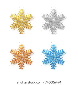 Set of glitter snowflakes on transparent background. Greeting card, invitation happy New year 2018 and Christmas. Vector illustration.        