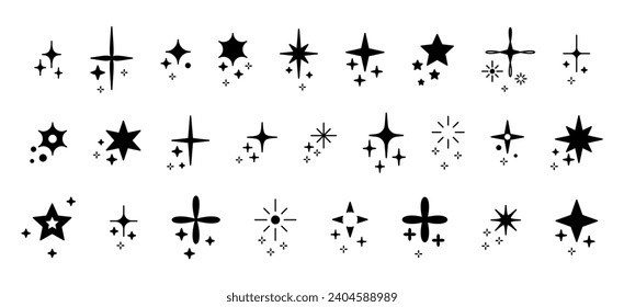 Set with glitter, stars and sequins. Doodle composition with black silhouettes glitter isolated on white background.