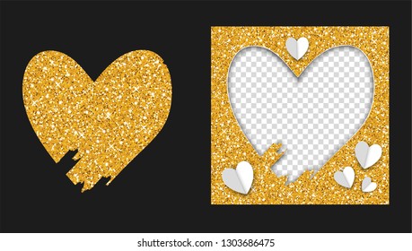 Set of glittering golden elements: hand drawn golden heart and photo frame, for social media, web, greeting cards. Vector.