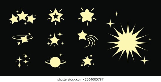 Set of glittering stars in various forms. Sparkle star icon different design. Idea for icons, labels, or digital decoration.