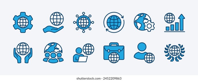 Conjunto de iconos de negocios globales. Conteniendo organización internacional, conexión mundial, unidad, crecimiento, gestión, empresario, cooperación, organización, asociación. Ilustración vectorial