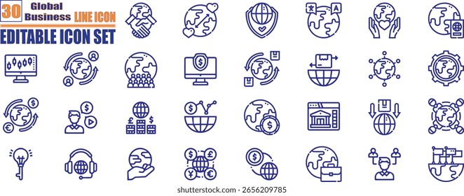 Conjunto de Vector de íconos de negocios globales que simbolizan el éxito corporativo, la estrategia y la gestión. 