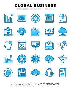 Conjunto de iconos de negocios globales. Ilustración vectorial.
