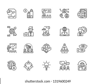 Set of global business Related Vector Line Icons. Includes such Icons as currency, holding, corporations, companies, deals, growth, Analytics, world, team, financiers, speakers, training, idea