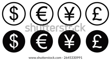 Set of Global Currency Symbols – Euro, Dollar, Pound, and Yen Icons in Flat and Outline Style