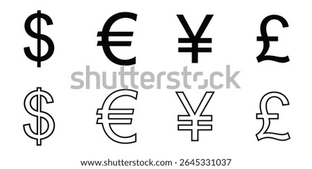Set of Global Currency Symbols – Euro, Dollar, Pound, and Yen Icons in Flat and Outline Style