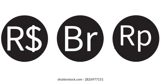 Set of global currency symbols featuring Brazilian Real, Belarusian Ruble, and Indonesian Rupiah icons in black round buttons vector illustration