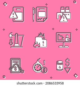 Set Global economic crisis, Contract money and pen, Shutdown of factory, Drop in crude oil price, Fire burning house, news, Mobile stock trading and Money bomb dollar icon. Vector