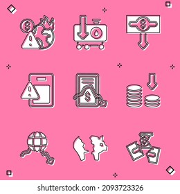 Set Global economic crisis, Drop in crude oil price, Dollar rate decrease, Mobile stock trading,  and Broken piggy bank icon. Vector