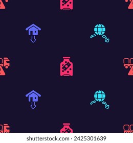 Set Global economic crisis, Falling property prices, Glass money jar with coin and Stop delivery cargo truck on seamless pattern. Vector