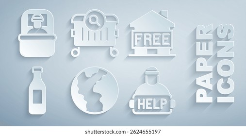 Set Global economic crisis, Shelter for homeless, Bottle of water, Help, Searching food and Sleeping bag icon. Vector