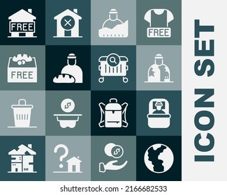 Set Global Economic Crisis, Sleeping Bag, Homeless, Growth Of Homeless, Feeding The, Donation Food, Shelter For And Searching Icon. Vector