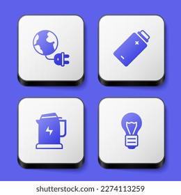 Set Global energy planet with plug, Battery charge, Electric kettle and Creative lamp light idea icon. White square button. Vector