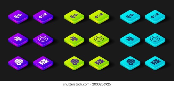 Set Global energy power planet, Recycle bin with recycle, Solar panel, Power button, Battery and Earth globe and leaf icon. Vector
