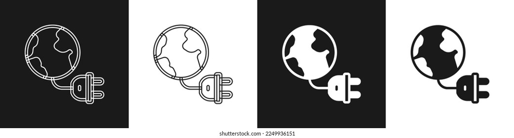 Set Global energy power planet with plug icon isolated on black and white background. Ecology concept and environmental.  Vector