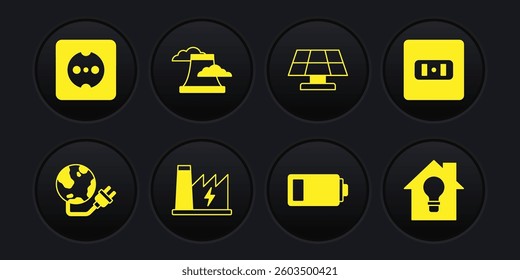 Set Global energy power planet, Electrical outlet, Nuclear plant, Battery, Solar panel, Smart house and light bulb and  icon. Vector