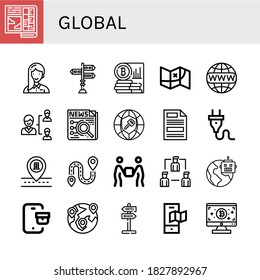 Set Of Global Icons. Such As Newspaper, Entrepeneur, Signpost, Bitcoin, Map, Worldwide, Network, News, Global, Press, Plug, Location Pin, Destination, Delivery , Global Icons