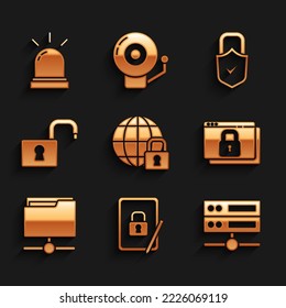 Set Global lockdown, Tablet with closed padlock, Server, Data, Web Hosting, Secure your site HTTPS, SSL, FTP folder, Open, Lock and check mark and Motion sensor icon. Vector