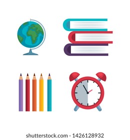 set of global map with pencils colors and books with clock alarm