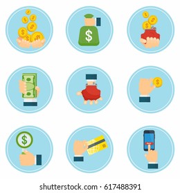 Set of global mobile banking payment system worldwide. Credit card in hand, terminal for online payment. Flat vector cartoon illustration. Objects isolated on a white background.