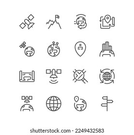 Conjunto de iconos relacionados con la navegación global, mapa mundial, sucursal, viaje de negocios y vectores de variedad lineal.