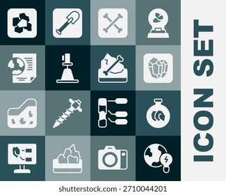 Conjunto planeta global con bulbo, minerales de exposición, rocas, piedra preciosa, arqueología, taceómetro, teodolito, documento del globo terrestre, pepita de oro e icono. Vector