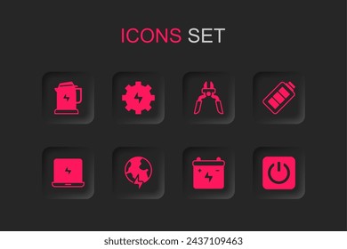 Set Global planet with thunderbolt, Gear and lightning, Electric kettle, Car battery, Battery charge, Power button, Pliers tool and Laptop icon. Vector