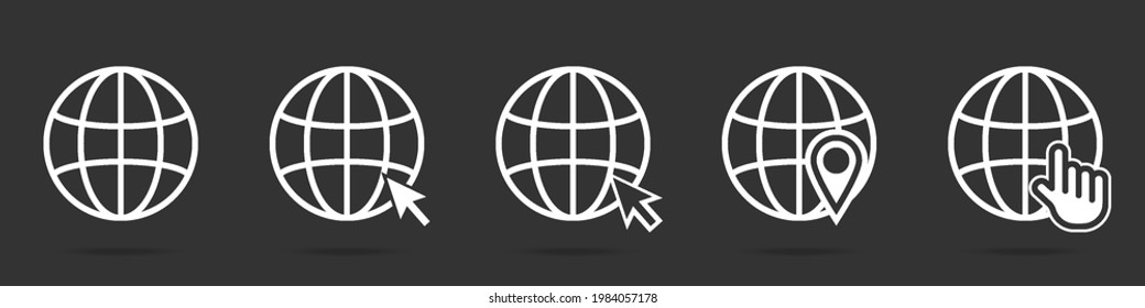 Conjunto de global con colección de iconos de línea de puntero. Símbolo del mundo redondo. Ilustración vectorial de diseño web residencial.