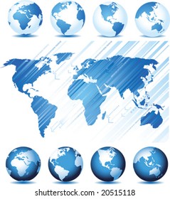 Set with global series and map background, vector illustration. Base map generated using map data from the public domain. (www.diva-gis.org)