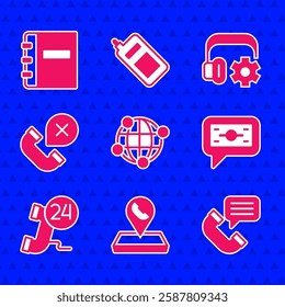 Set Global technology, Call center location, Telephone conversation, Stacks paper money cash, 24 hours support, Declined missed call, Headphoneswith settings and Notebook icon. Vector