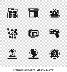 Set Global technology, Futuristic weapon, Cryptocurrency coin Bitcoin, Motherboard, Exclamation mark triangle, sliding doors, Browser window and Neural network icon. Vector