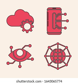 Set Global technology or social network, Cloud technology data transfer and storage, Smartphone, mobile phone and Virtual reality icon. Vector