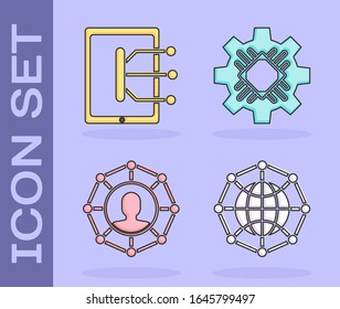 Set Global technology or social network, Tablet, Project team base and Processor icon. Vector