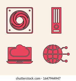 Set Global technology or social network, Computer cooler, Video game console and Cloud technology data transfer and storage icon. Vector