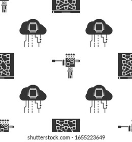 Set Global technology or social network, Mechanical robot hand and screwdriver and Internet of things on seamless pattern. Vector